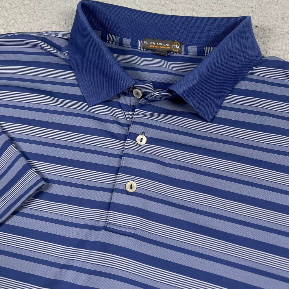 Peter Millar Summer Comfort Polo Mens 2XL Short Sleeve Golf Blue White Striped‎